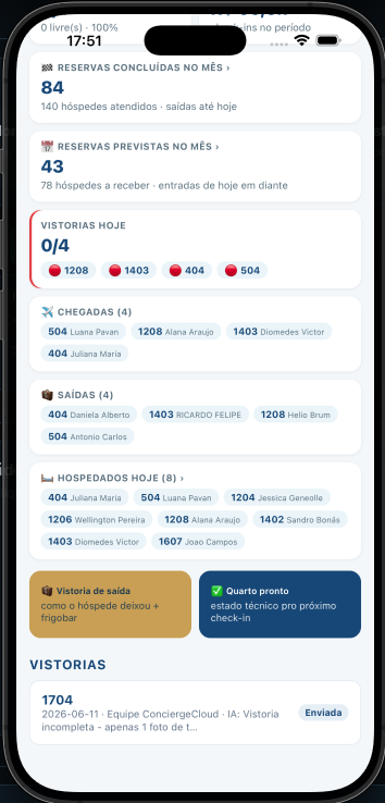 App ConciergeCloud — vistorias e chegadas do dia